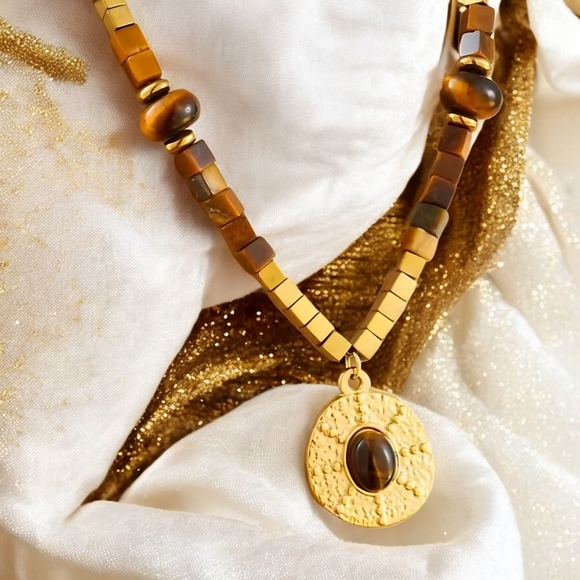 🆕 18K Gold Plated Trendy Boho Square Beaded Vintage Tiger Eye Pendant Necklace - Picture 1 of 11